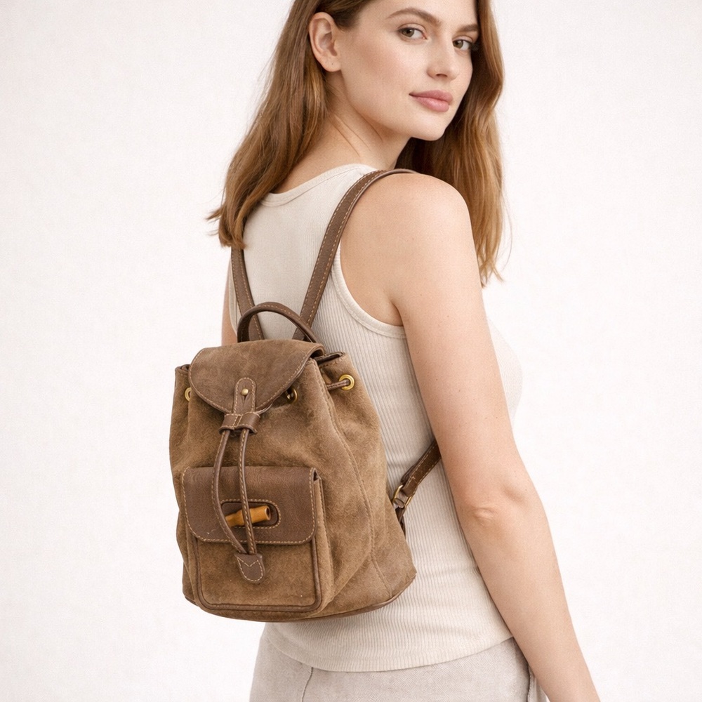 Vintage Authentic Gucci Suede Drawstring Backpack – Brown